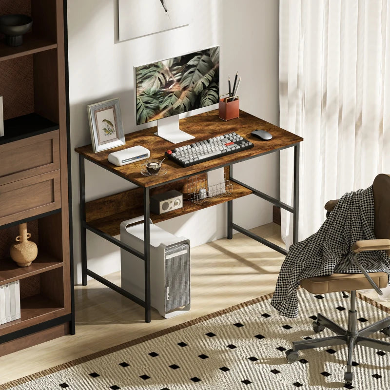 Rustic Brown 2-Tier Computer Desk - 100 x 60 cm - Stylish Home Office Furniture for Productivity