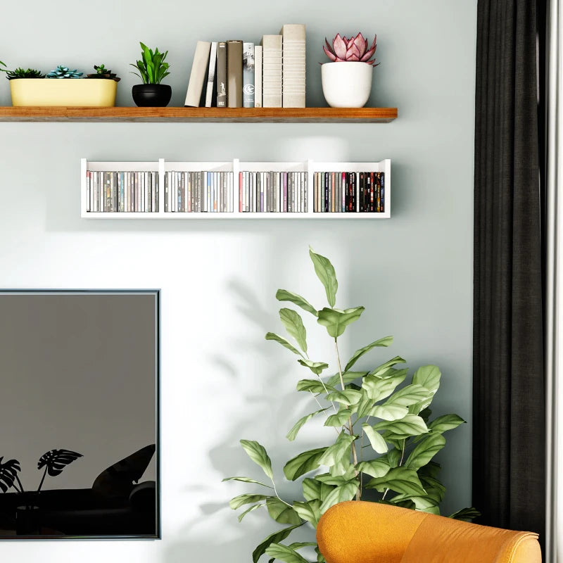 Wall Mount Media Storage Rack - 84 CD / 56 DVD/Blu-ray Organizer - 4 Cube Wooden Shelf Unit (White)