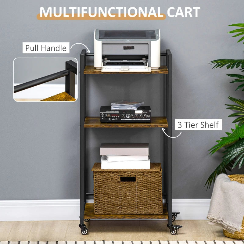 3-Tier Rolling Printer Stand with Adjustable Shelves & Lockable Wheels - Rustic Brown Utility Cart for Home Office