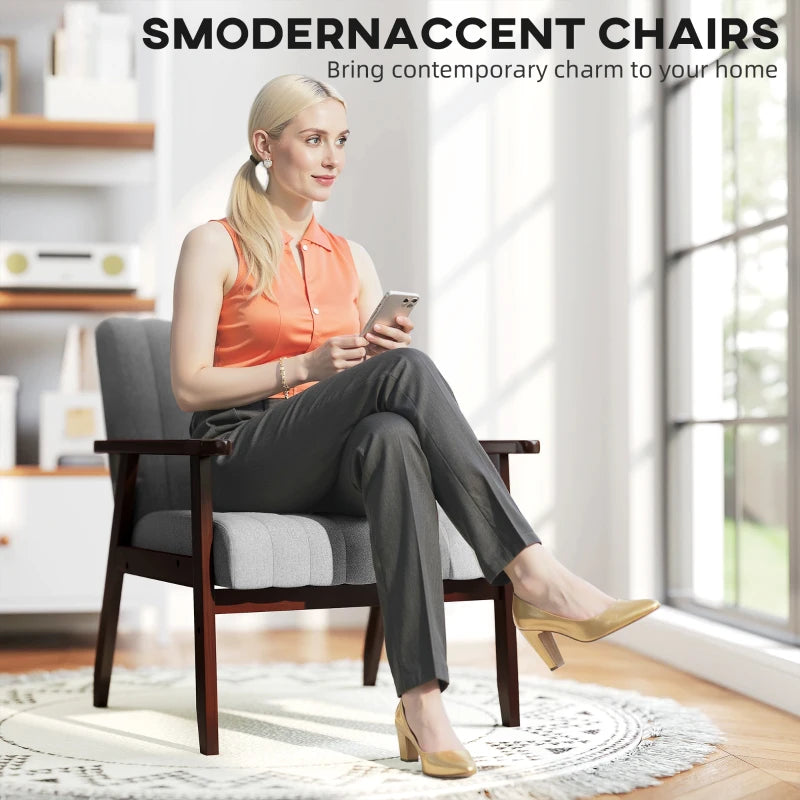 Mid Century Grey Accent Chair with Wooden Legs for Stylish Living Room Decor