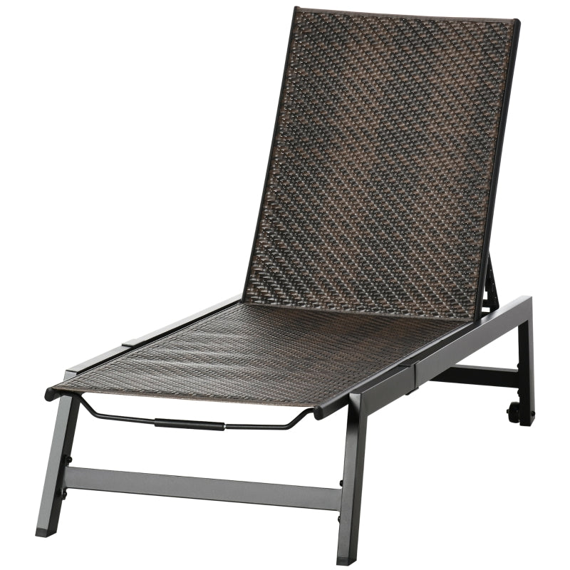 Brown Rattan Patio Sun Lounger with 5-Position Backrest and Wheels
