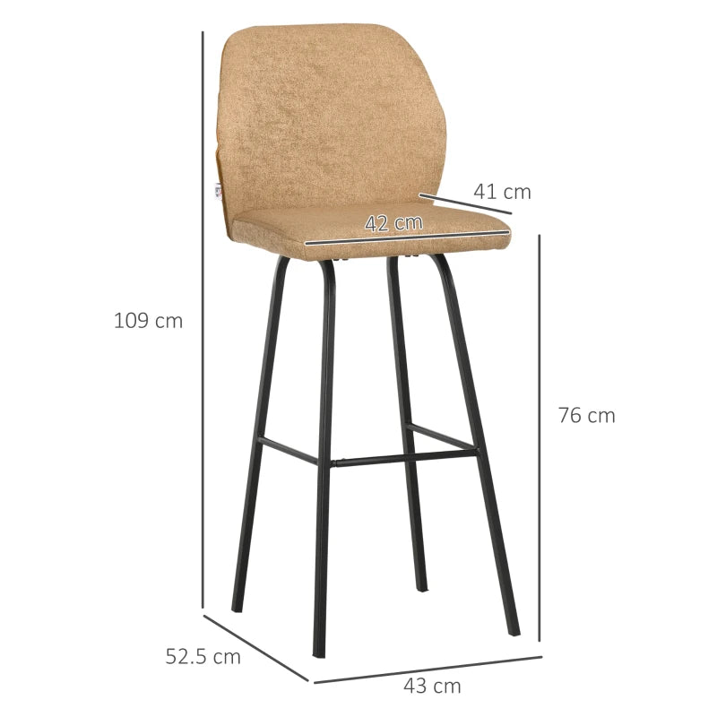 Set of 4 Linen-Touch Upholstered Bar Stools with Backs, Steel Legs - Light Brown Kitchen Chairs for Dining Room