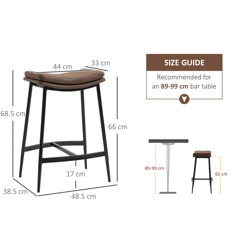 Set of 2 Microfibre Upholstered Breakfast Bar Stools - Industrial Curved Seat Bar Chairs with Steel Frame, Brown