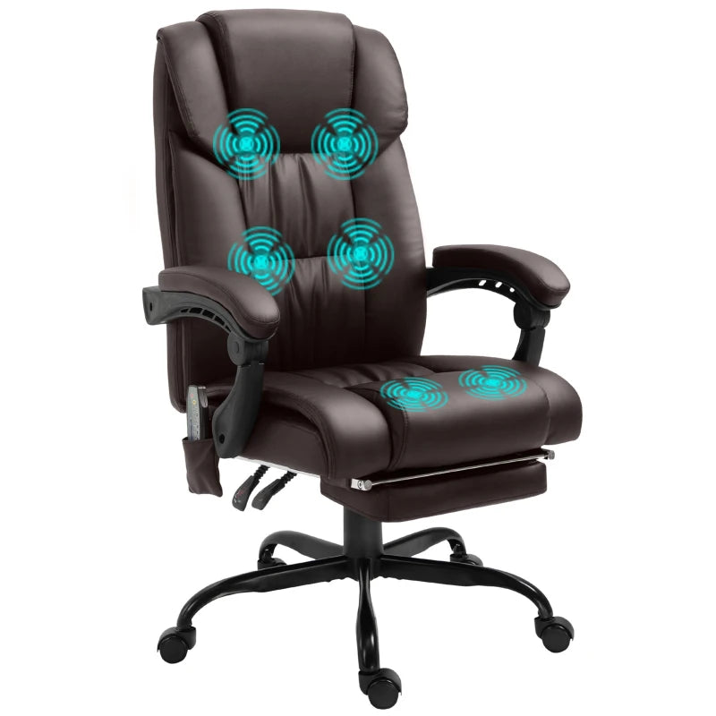 Vinsetto 6-Point Massage Office Chair - Adjustable PU Leather Desk Chair with Footrest for Home Office, Brown