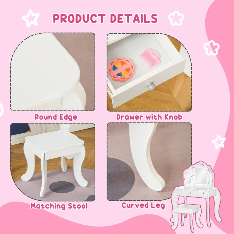 Kids Vanity Table Set with Tri-Folding Mirror and Stool Makeup Dressing Table with Drawer White