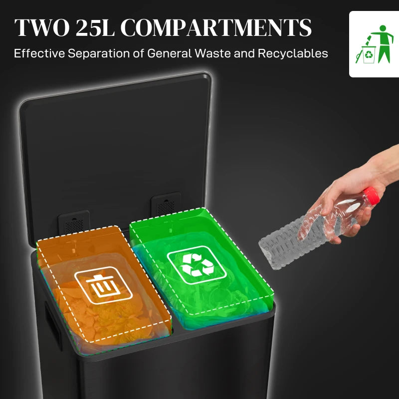 50L Dual Compartment Stainless Steel Bin with Deodoriser Holders - Stylish Black Trash Can for Home & Kitchen