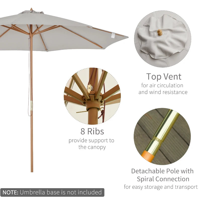 Grey 3m Wooden Patio Umbrella with Pulley Mechanism