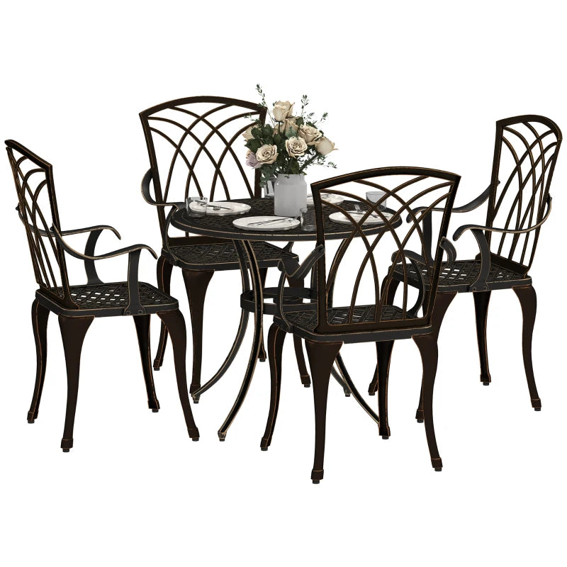 5-Piece Bronze Outdoor Garden Dining Set for 4 - Cast Aluminium Round Table with Parasol Hole and 4 Armchairs