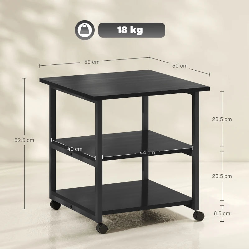 Three-Tier Black Steel Printer Stand on Wheels - Mobile Storage Solution for Home Office & Workspace