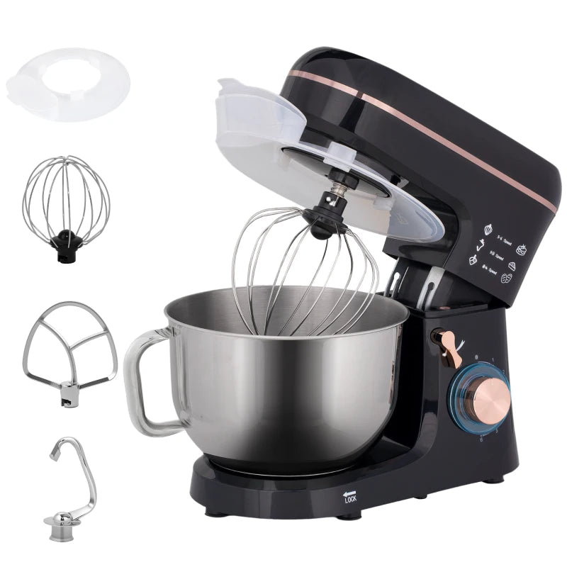 5L Stand Mixer for Baking - 1400W Electric Kitchen Mixer with 6 Speeds, Dough Hook, Whisk & Stainless Steel Bowl - Black