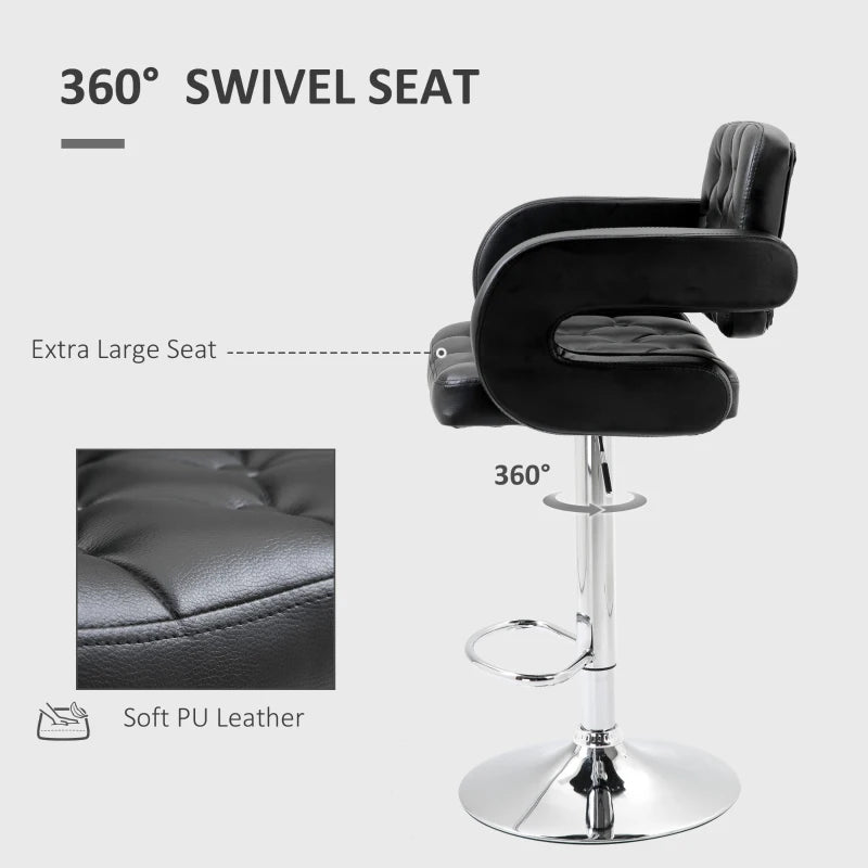 Height Adjustable PU Leather Swivel Bar Stool with Back Armrest and Footrest in Black