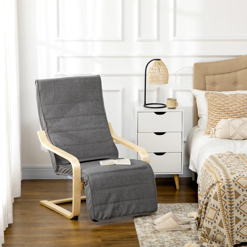 Wooden Lounging Chair for Deck Relaxation with Adjustable Footrest and Removable Cushion in Dark Grey