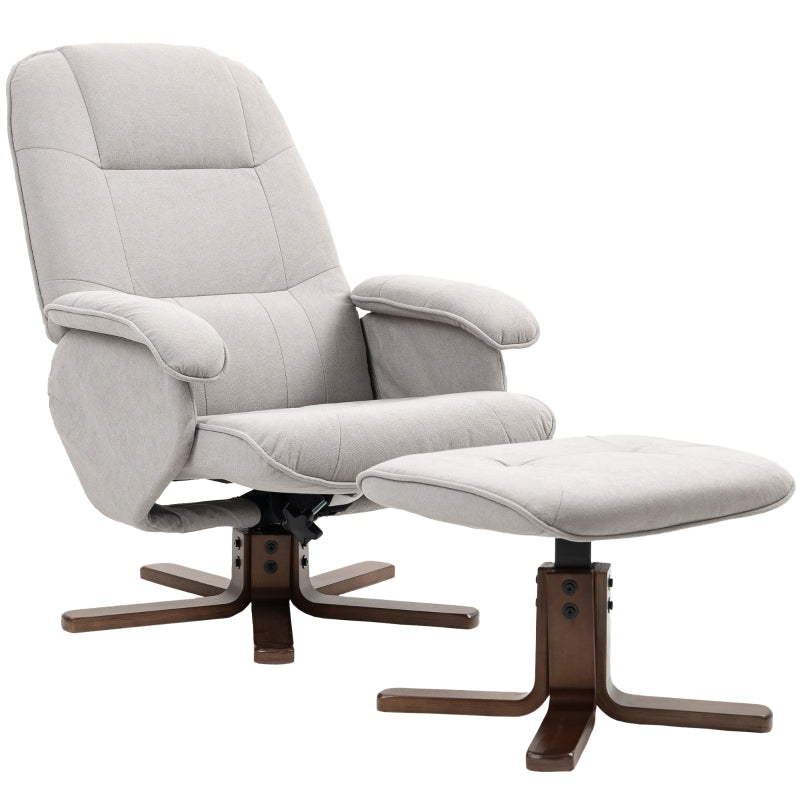 Linen Swivel Recliner Chair with Footstool - Upholstered Armchair with Wooden Base for Living Room in Light Grey