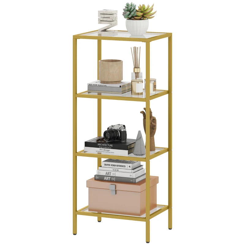 Elegant 4-Tier Glass Shelving Unit - Vertical Storage for Living Room, Home Office, Bedroom & Bathroom - Gold Tone Design