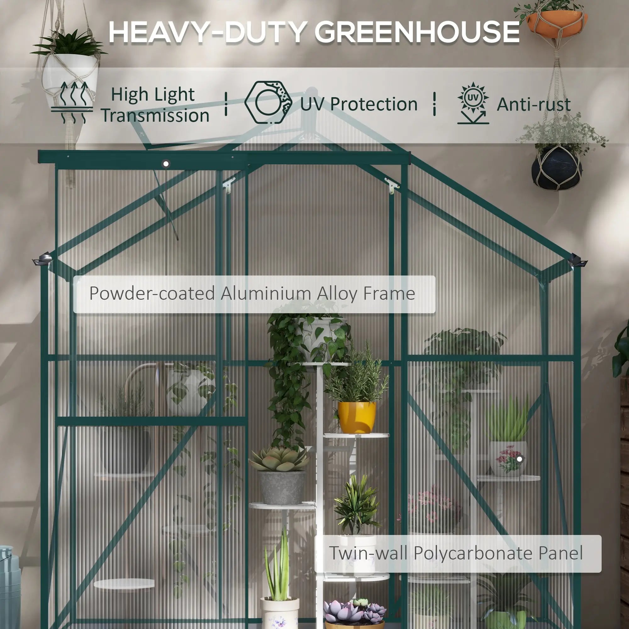 6ft x 2.5ft Green Polycarbonate Walk-In Greenhouse with Rain Gutter, Sliding Door, Window & Foundation