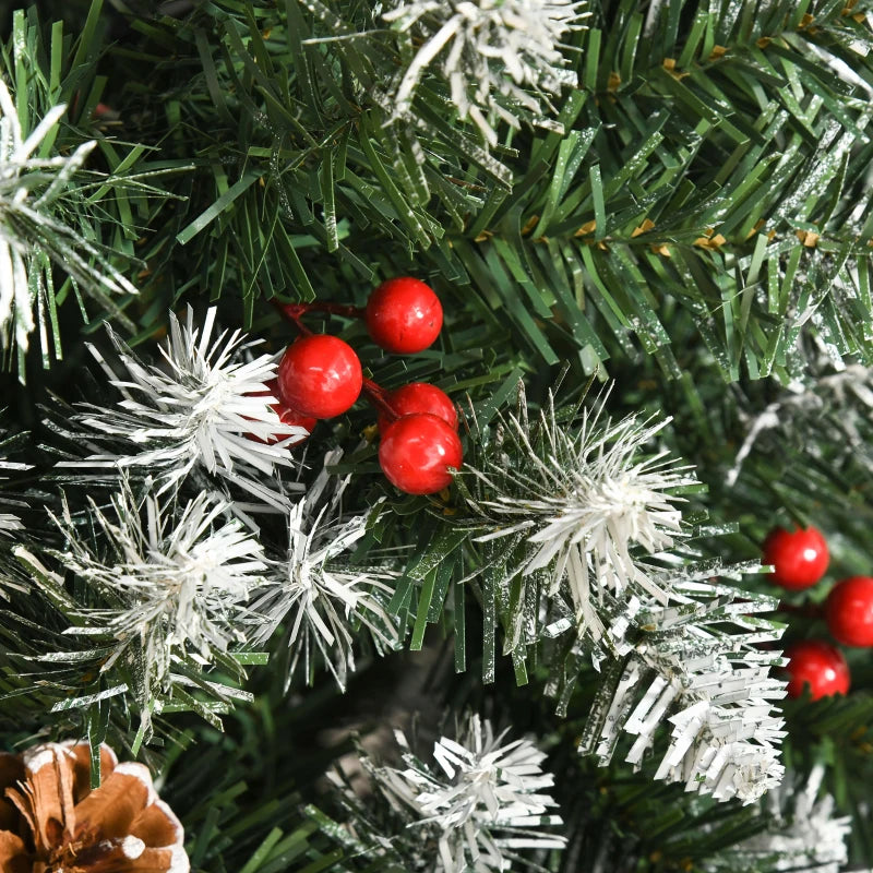 6FT Artificial Christmas Pencil Tree with Red Berries & Pinecones - Foldable Indoor Holiday Decoration, Green Xmas Tree