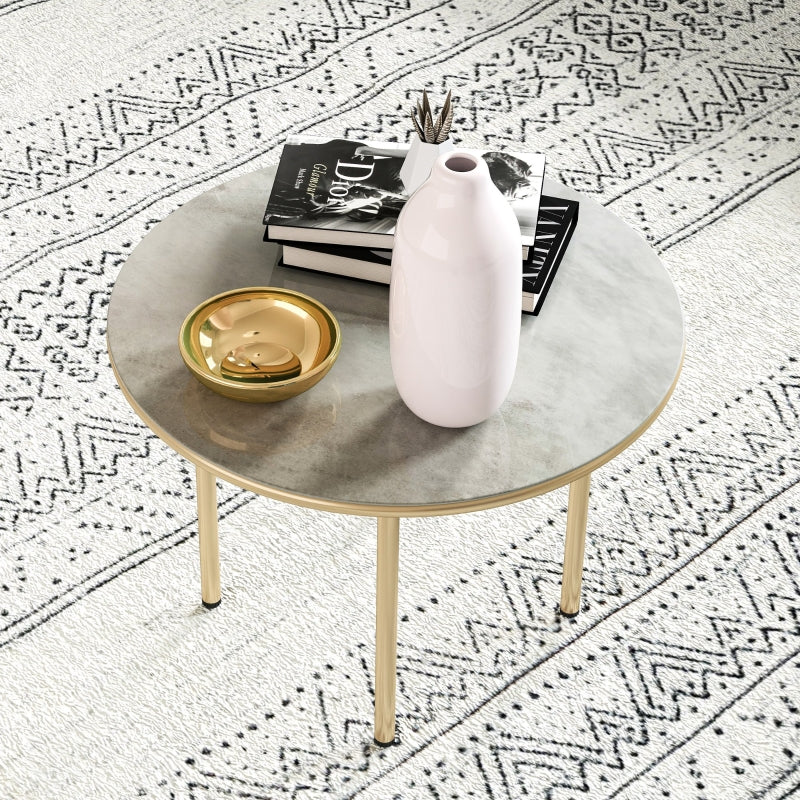 60cm Round Small Garden Table - Outdoor Side Table with Faux Marble Top, Steel Frame, Beige