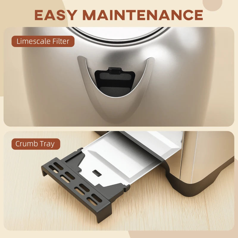 Elegant Silver Tone Toaster and Kettle Set - Modern Kitchen Essentials for Perfect Toast and Boiling Water