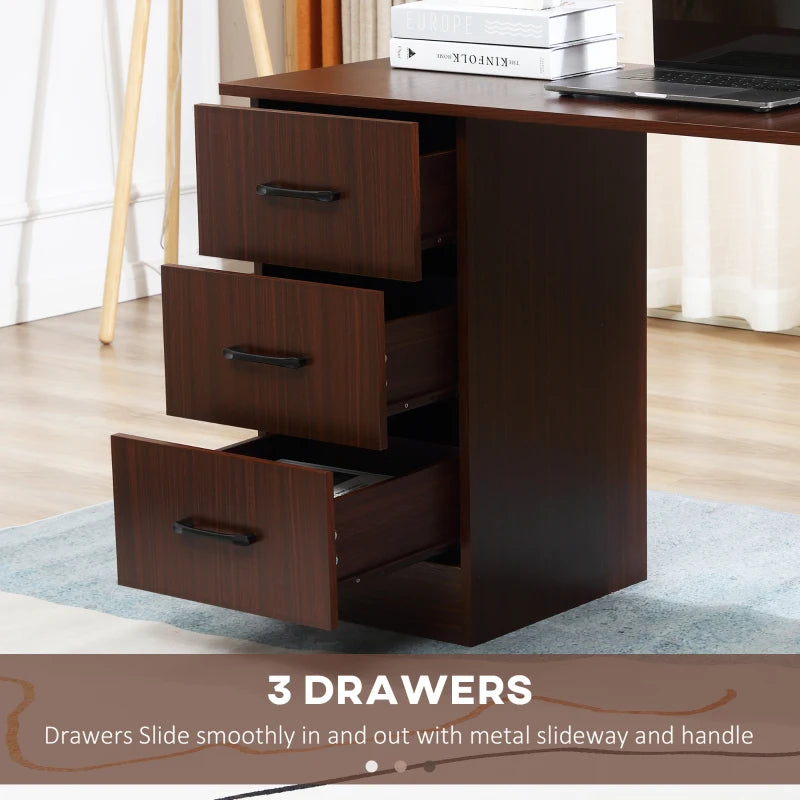 Walnut Brown Computer Desk with 3 Storage Shelves & Drawers - Stylish Writing Table for Home Office, Black Handle