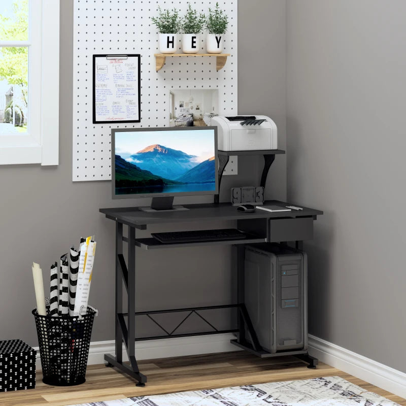 Modern Black Computer Desk with Display Stand, Sliding Keyboard Tray, and Host Box Shelf for Home Office Workstation