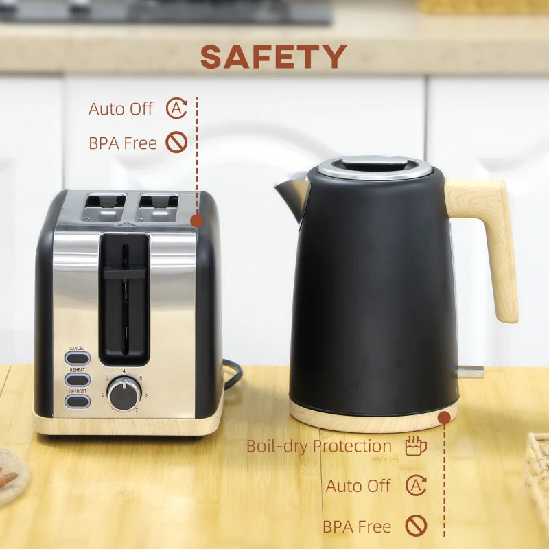 Stainless Steel Kettle & Toaster Set - 1.7L Fast Boil Kettle 3000W & 2 Slice Toaster with 7 Browning Levels, Black