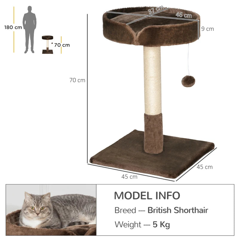 Small Cat Tree for Indoor Cats - Sisal Scratching Post, Kitten Bed, Ball Toy - Brown, 45x45x70 cm