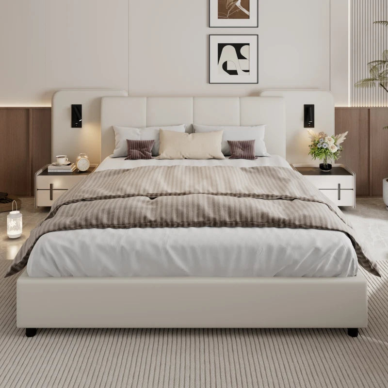 Upholstered Double Bed with Charging Port & Lighting, Impact-Resistant Headboard, 209x221x86.5 cm, Beige - Modern Bedroom Furniture