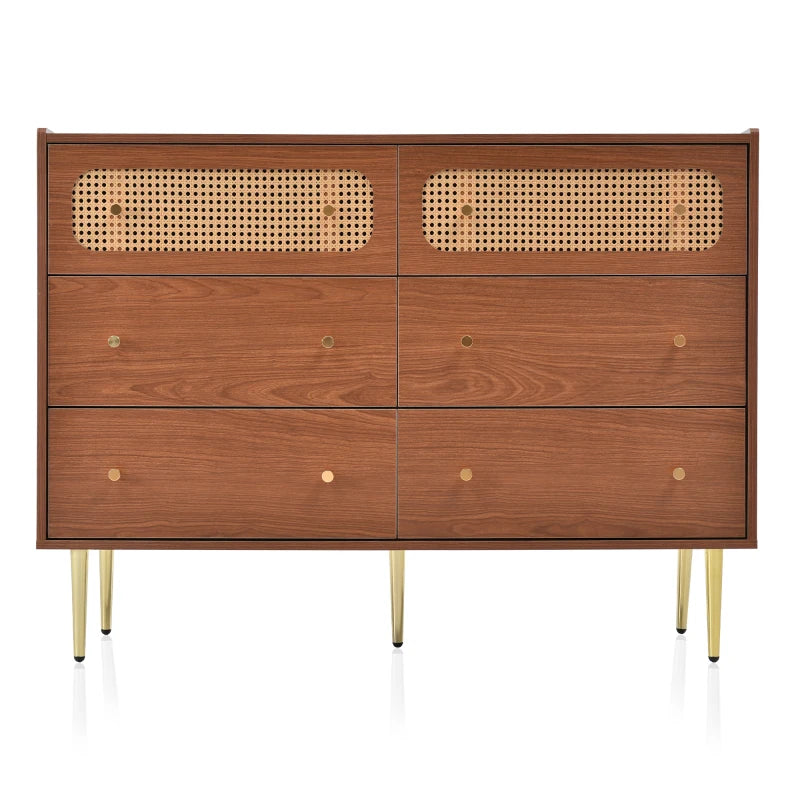 Vintage Rattan Sideboard Cabinet with Storage Drawers - Wooden Chest for Bedroom & Hallway, 120x40x90 cm, Walnut Finish
