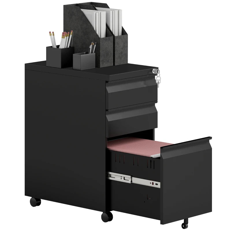 Vinsetto Black 3-Drawer Steel Filing Cabinet with Lock & Wheels - Secure Storage Solution for Home & Office