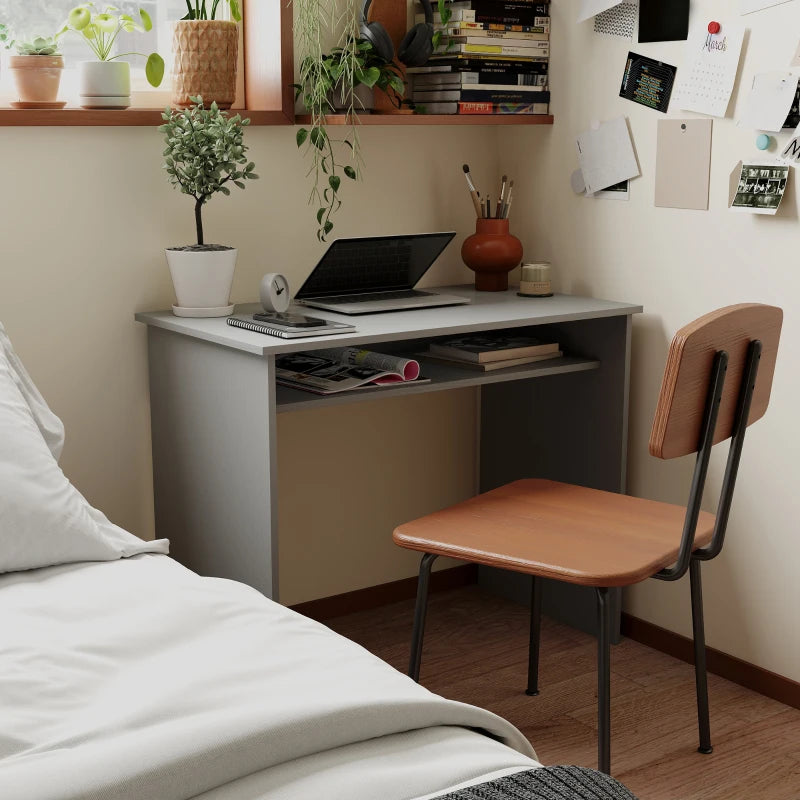 Modern Grey Computer Desk for Home Office - Small Writing Table with Storage Shelf, 90x50cm, Stylish & Functional