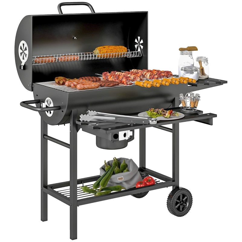 Portable Charcoal BBQ Grill with Foldable Shelf, Smoker, Temperature Gauge, Wheels for Outdoor Cooking