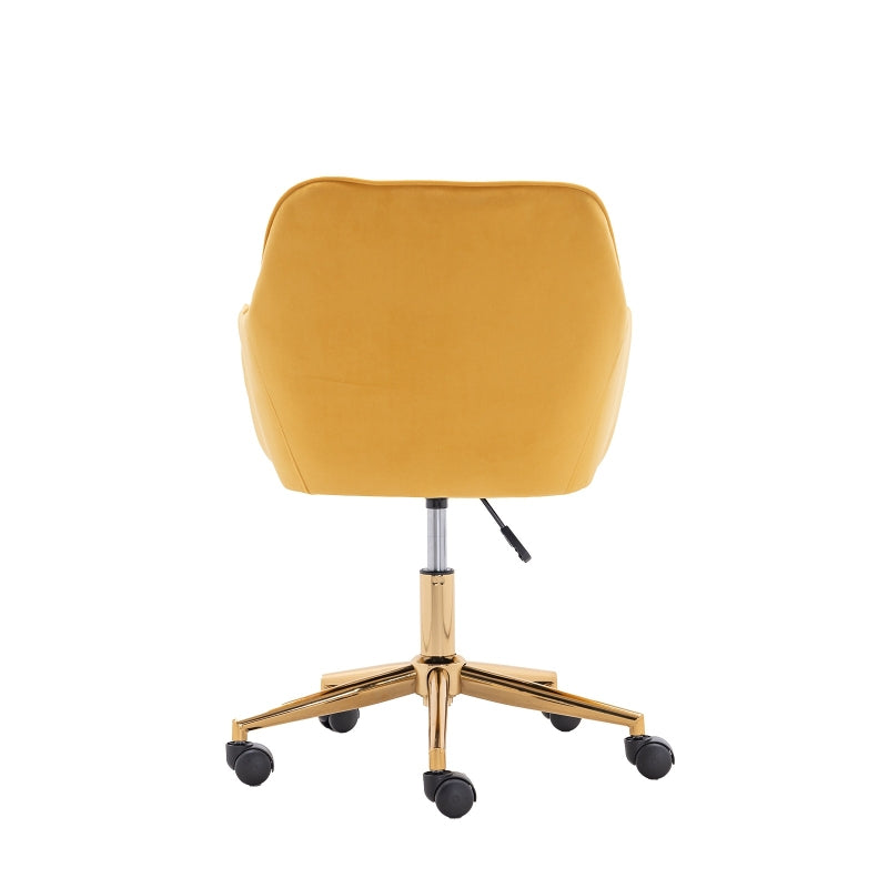 Ergonomic Yellow Velvet Swivel Office Chair with Gold Legs and Adjustable Height, 58x58x86 cm
