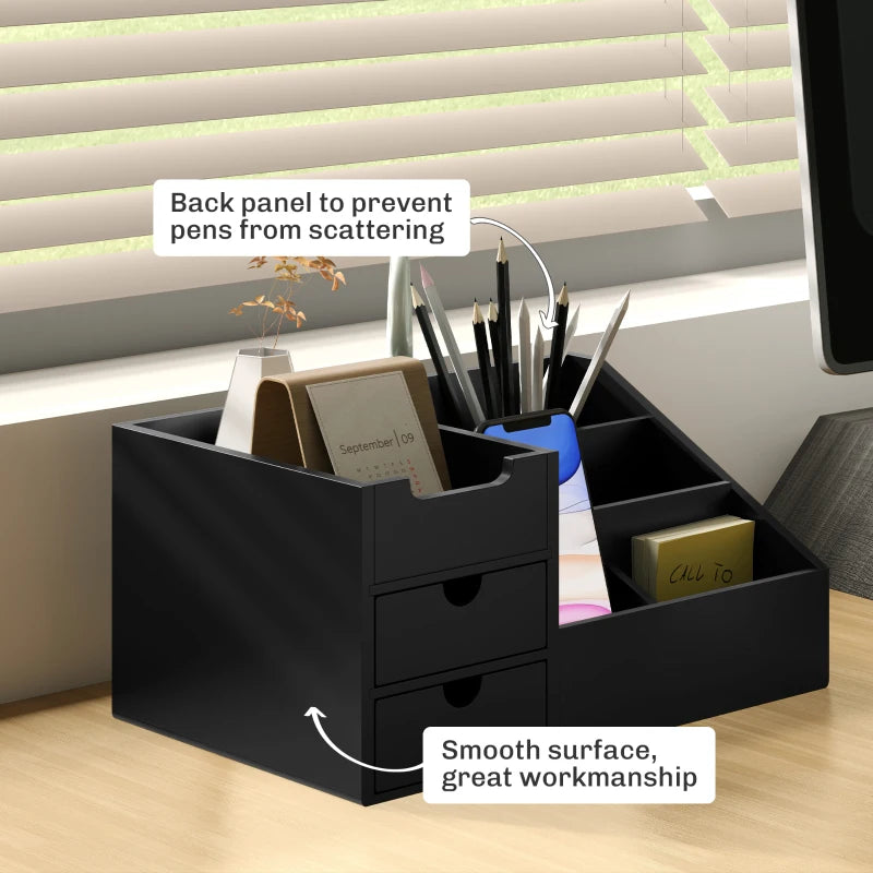 Bamboo Desk Organiser Holder - Multi-Function Storage Caddy with 7 Compartments & 2 Drawers for Home Office Supplies - Black