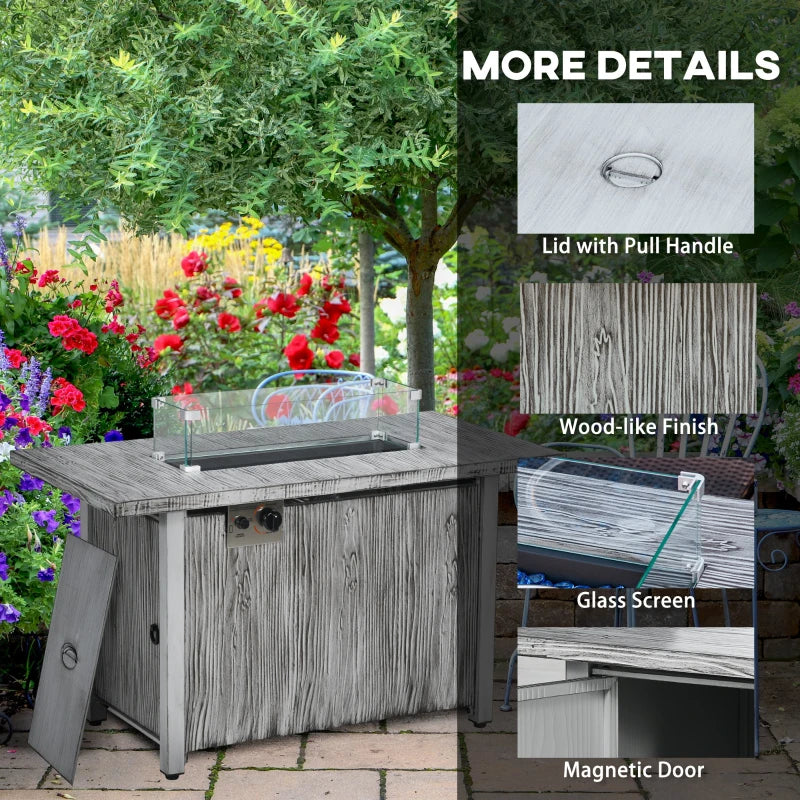 50,000 BTU Grey Gas Fire Pit Table with Cover & Glass Screen - Outdoor Heating Solution for Patios & Backyards