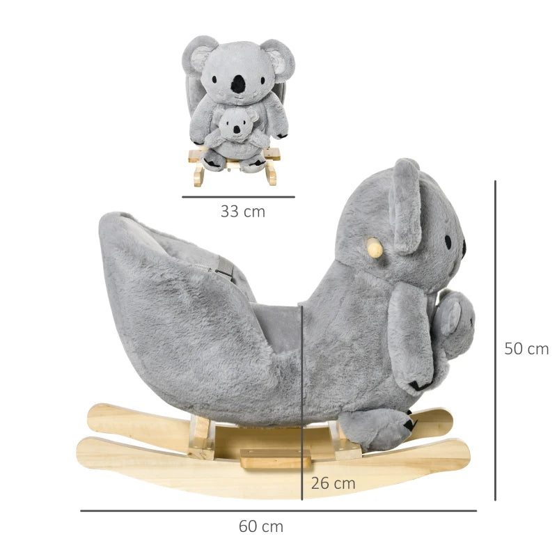 Kids Toddler Plush Rocking Horse Koala Ride-On with Wooden Base & Safety Belt - Soft Doll Toy for 18-36 Months Grey