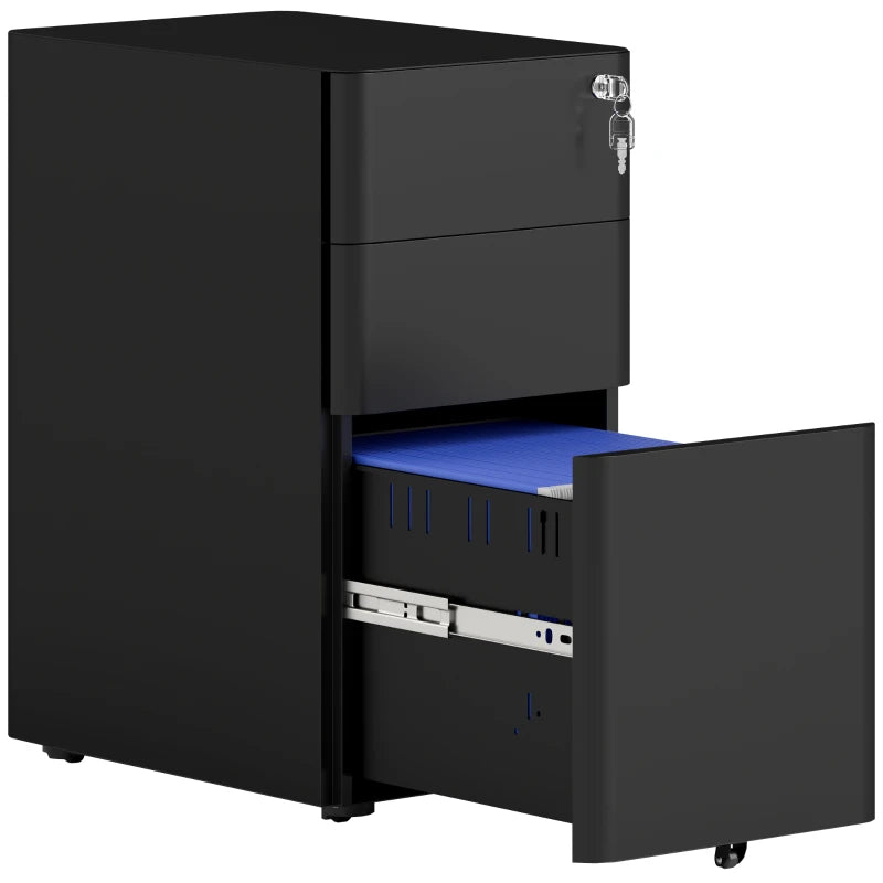 Vinsetto Black 3-Drawer Steel Filing Cabinet with Lock - Secure Storage Solution for Home or Office
