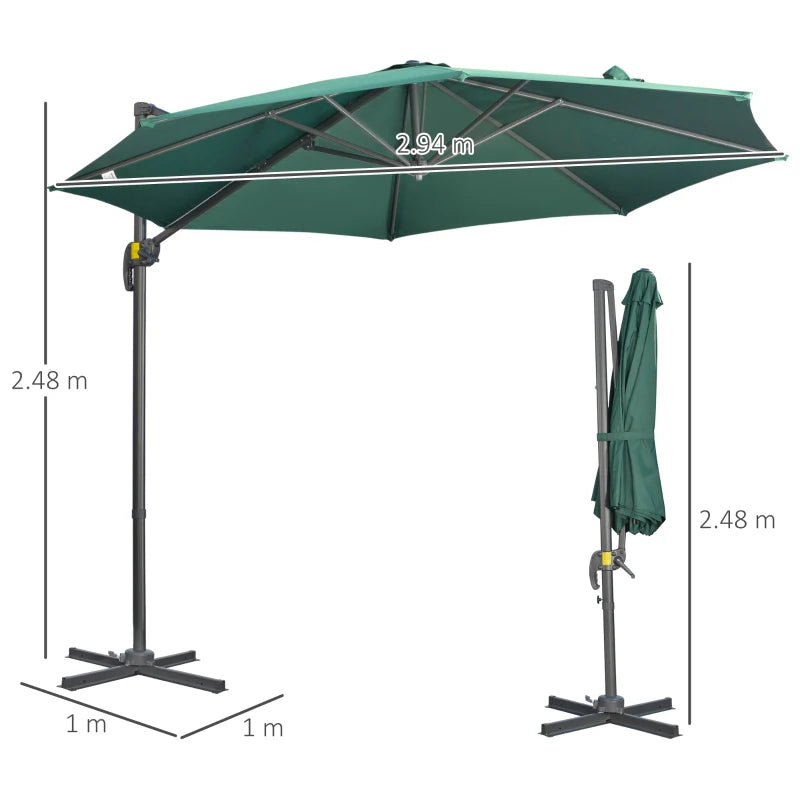 Green Cantilever Garden Umbrella with 360° Rotation, Crank Handle, and Tilt