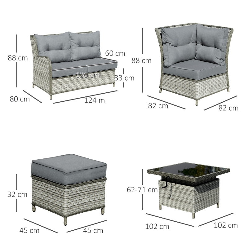 Grey 6-Piece PE Rattan Outdoor Dining and Sofa Sectional Set with Aluminium Frame