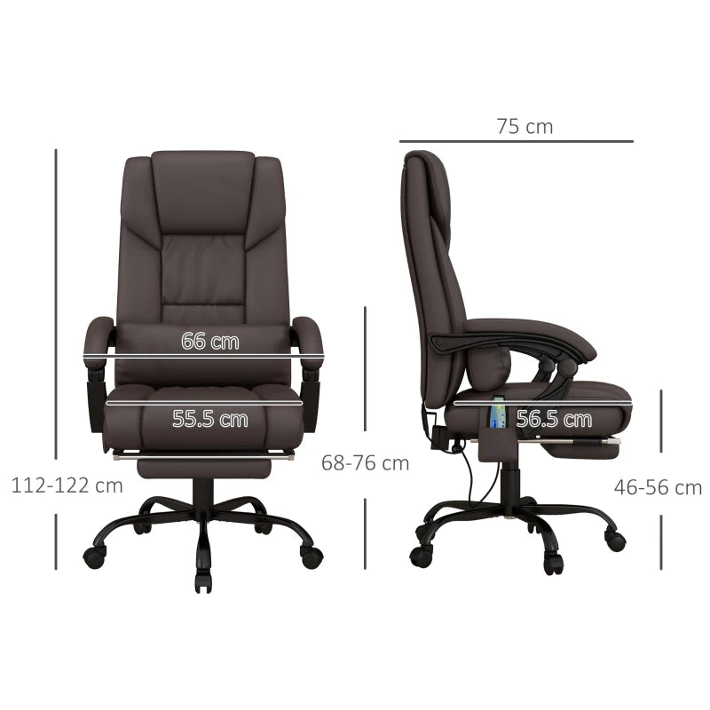 Vinsetto 6-Point Massage Office Chair - Adjustable PU Leather Desk Chair with Footrest for Home Office, Brown