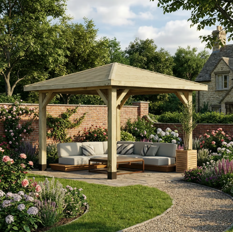Ruby Wooden 4 Pitch Gazebo with Featheredge Roof - Pressure-Treated Garden Gazebo Structure