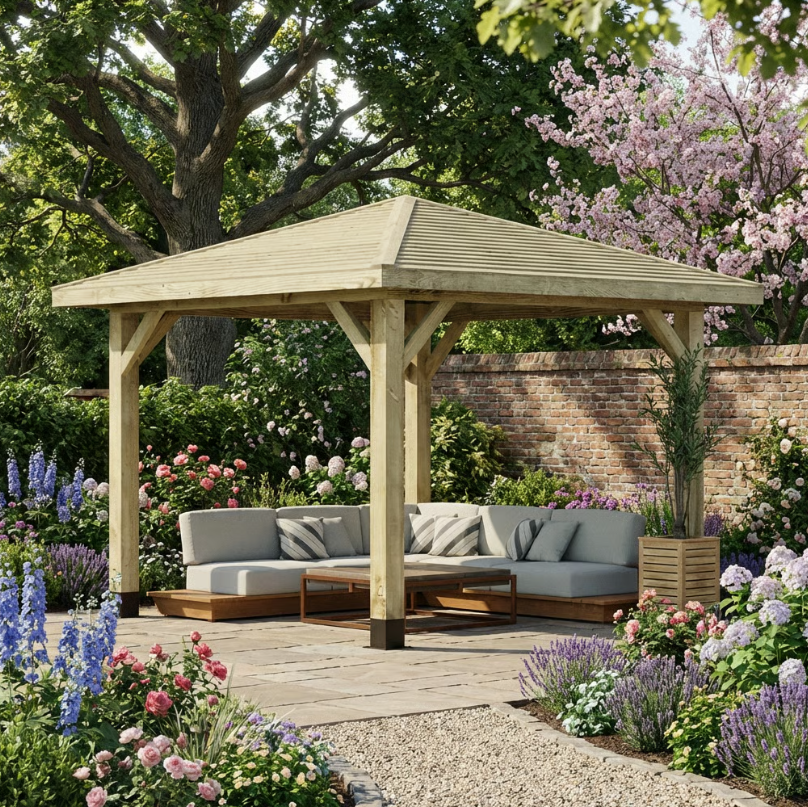 Ruby Wooden 4 Pitch Gazebo with Featheredge Roof - Pressure-Treated Garden Gazebo Structure