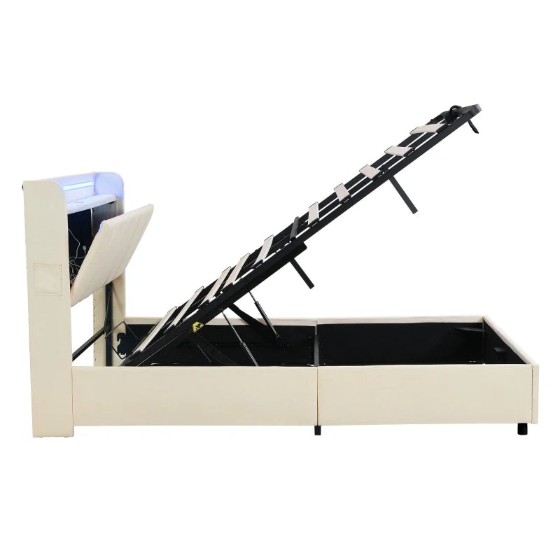 Double Upholstered Bed with LED Headboard & USB Ports - Hydraulic Storage Bed, Beige, 207x136x105 cm - Modern Charging Station