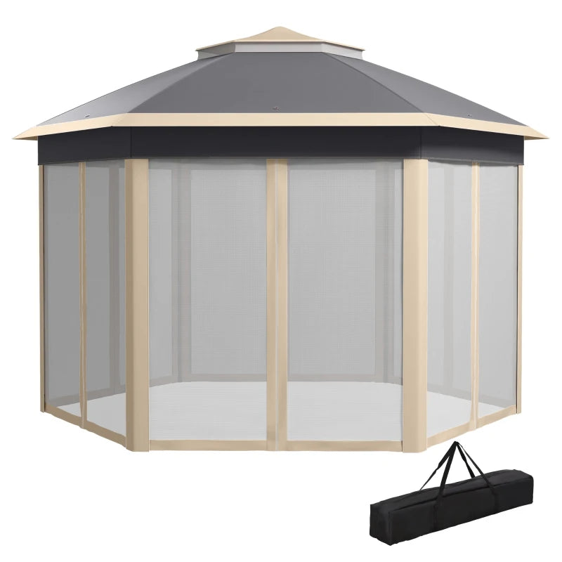 Hexagon Outdoor Patio Gazebo with Netting, Khaki, 3x4m