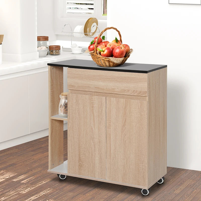 Rolling Kitchen Storage Trolley Cart with Locking Wheels, Cupboard, Shelves, Door & Drawer - Versatile Island Organizer