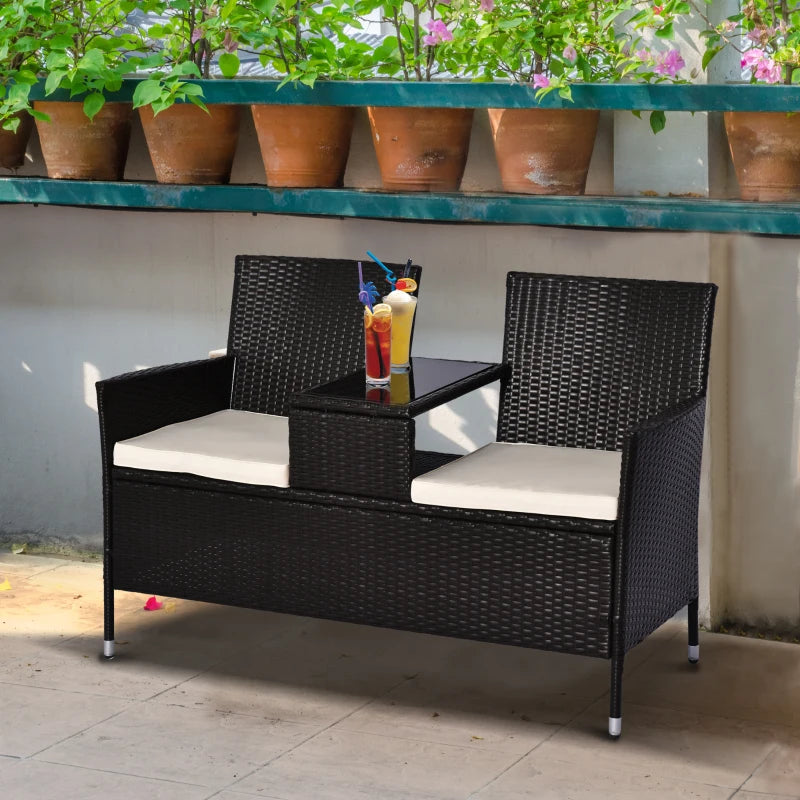 Dark Brown Rattan 2-Seater Outdoor Patio Loveseat with Drink Table