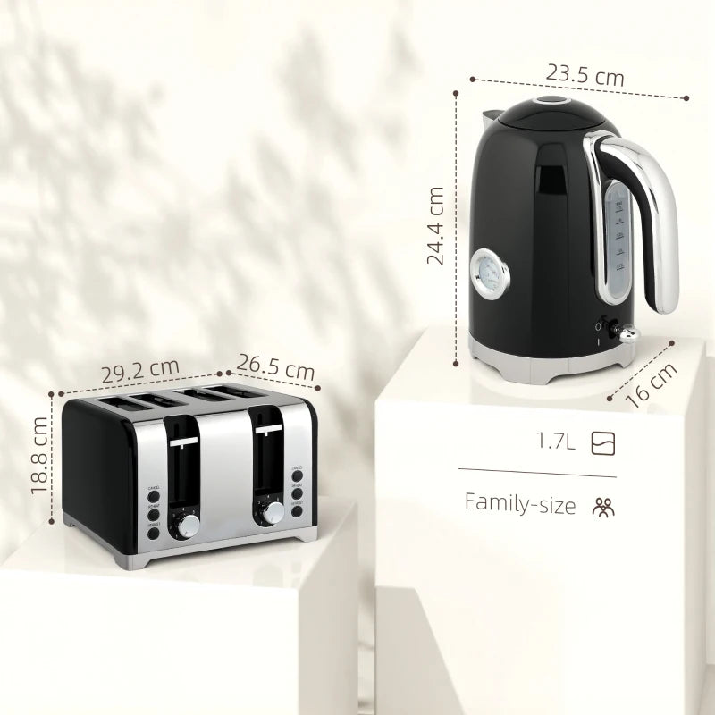 Retro 3000W Black Kettle and Toaster Set - Stylish Kitchen Appliances for Modern Homes