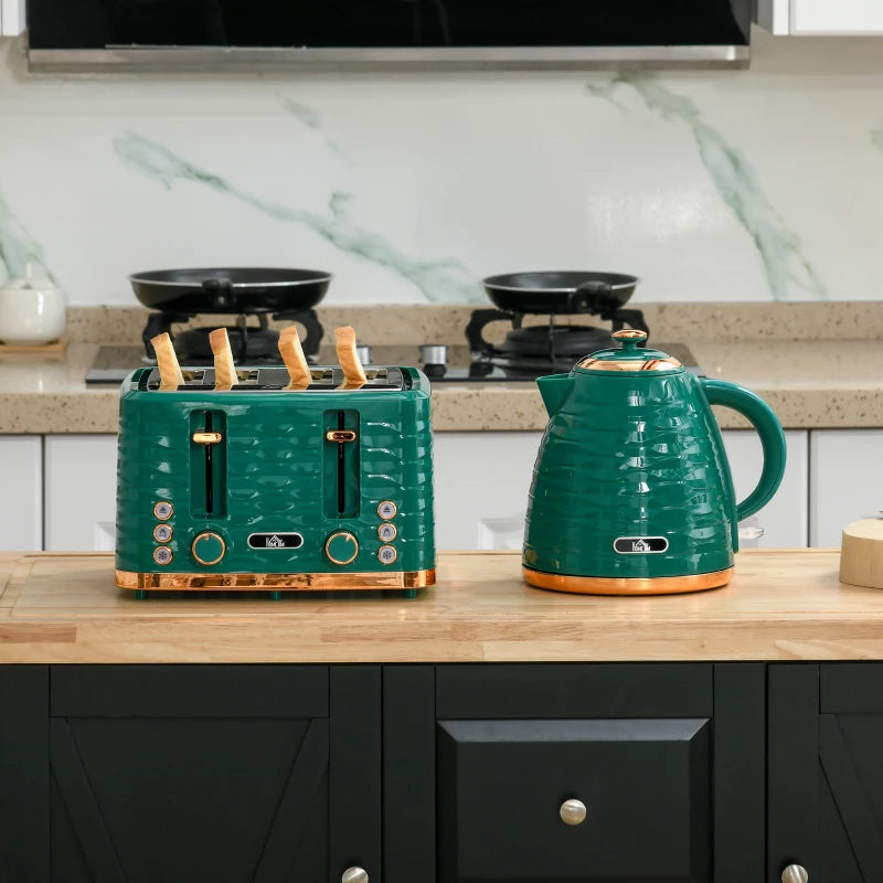 3000W 1.7L Rapid Boil Kettle & 4 Slice Toaster Set - Green, 7 Browning Controls, Crumb Tray, Kitchen Essentials