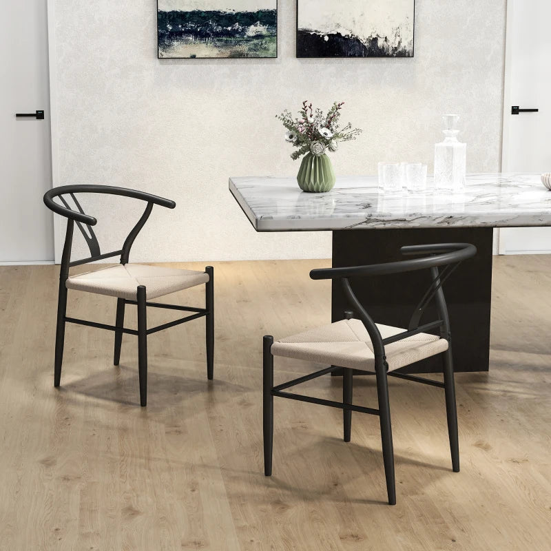 Set of 2 Modern Weave Dining Chairs with Y-Shaped Backrest and Hemp Seat - Black and Beige