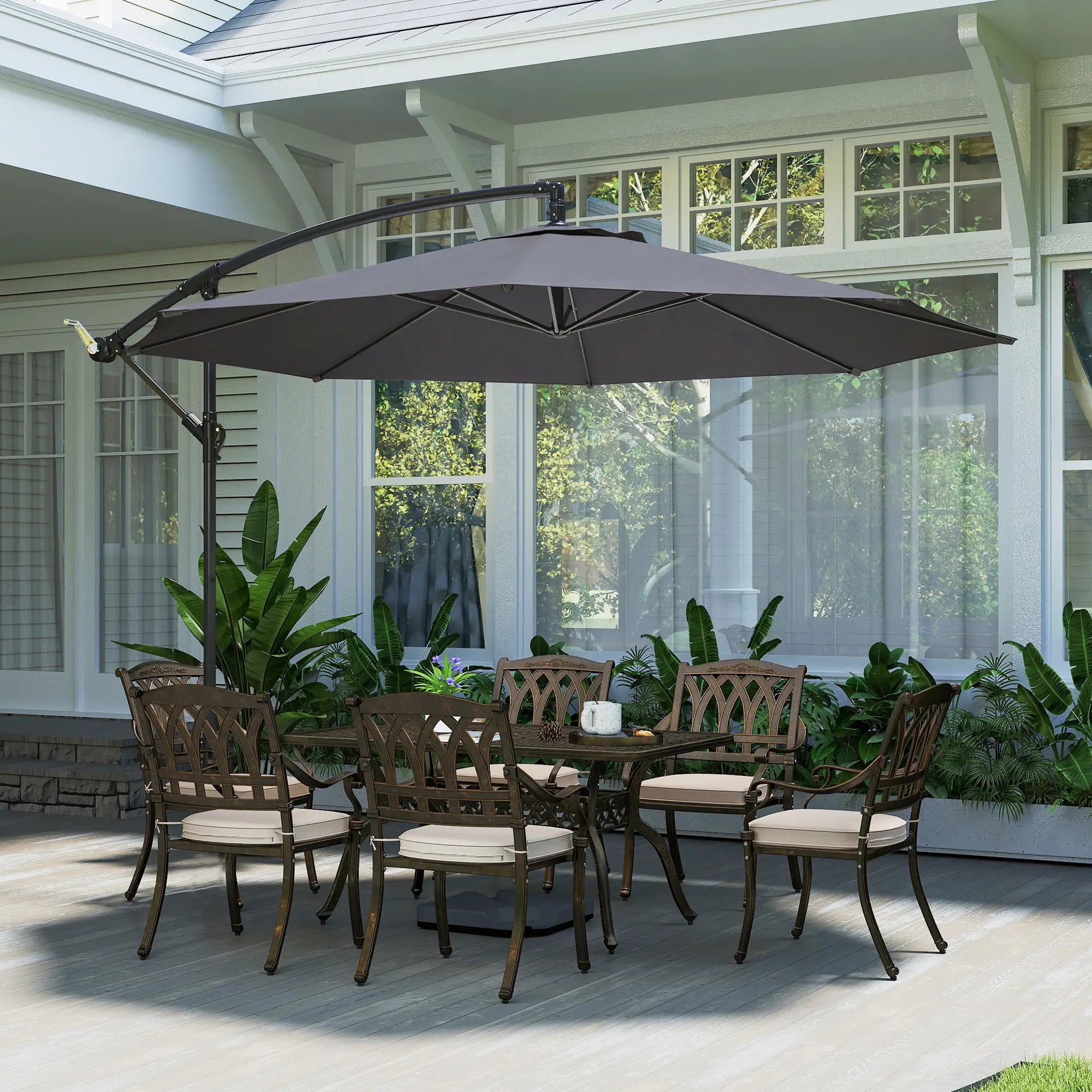 3m Overhang Cantilever Garden Parasol with Steel Frame, 8-Rib Support & Cross Base – Easy Crank Shade Umbrella (Grey)