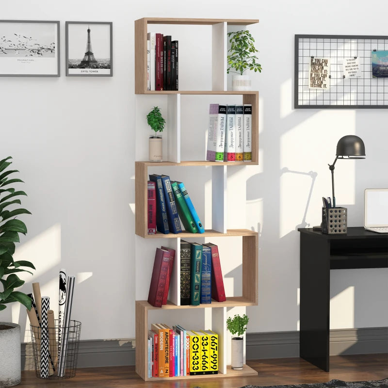 S-Shaped Wooden Bookcase - 5/6 Tier Freestanding Oak & White Bookshelf for Home Office Storage & Display, 24D x 60W x 184.5H